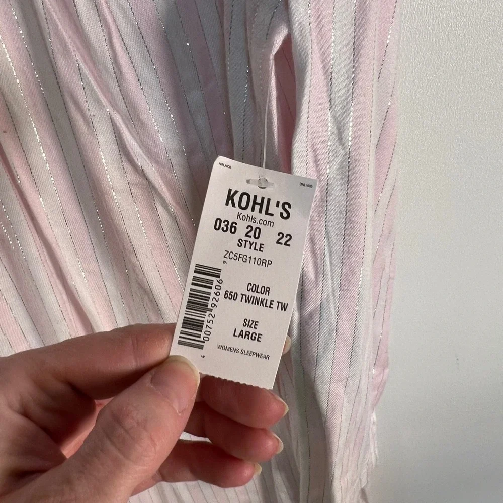 Croft‎ & Barrow Pink White Striped Silver Lurex V-Neck Nightgown women's L NWT